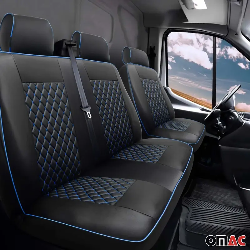 Custom-Fit Leather Seat Covers For Vw Eurovan (1993–2003) – Black & Blue, 2+1 Configuration 1